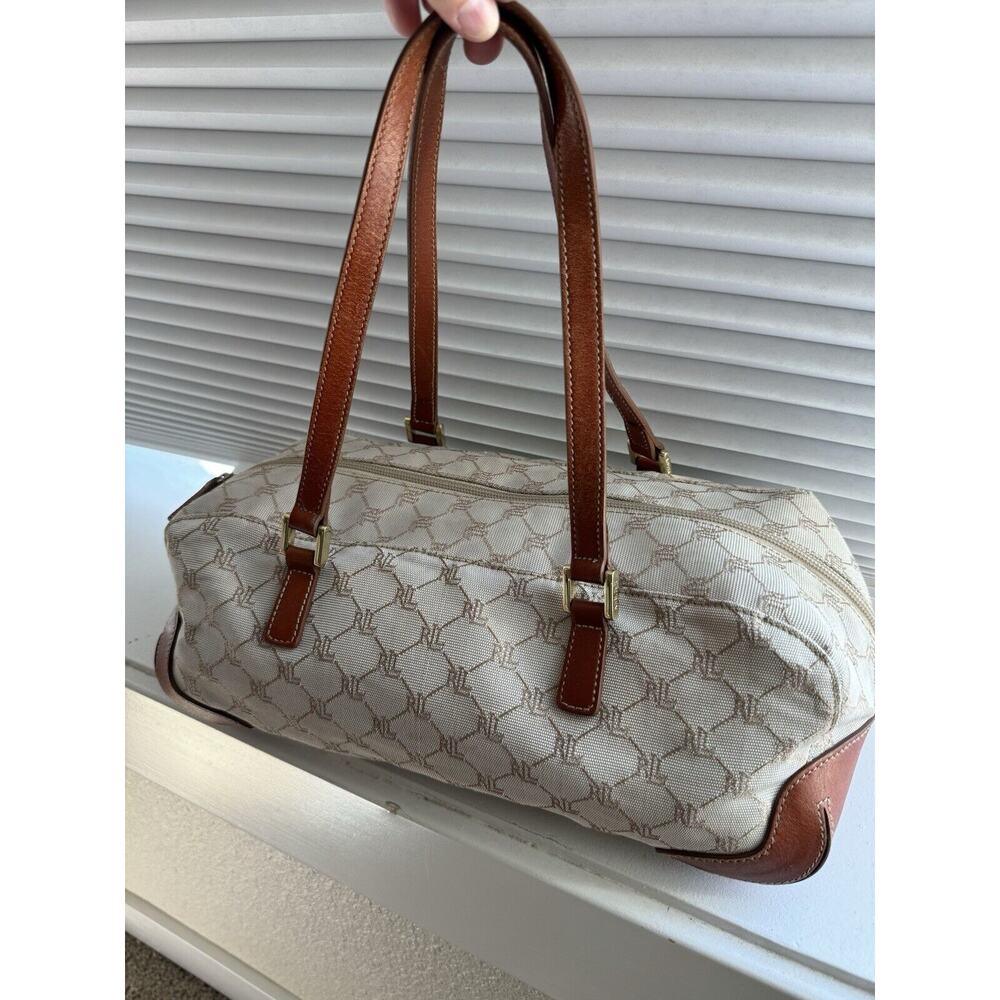 Vtg Women's Lauren Ralph Lauren Handbag All Pattern Beige Canvas Carmel Leather
